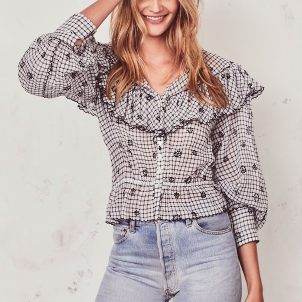 LoveShackFancy Black and White Checkered Blouse